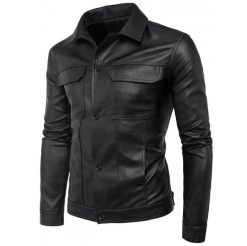Black Cowhide Men Collared Leather Jacket SI-131