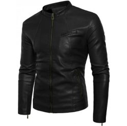 Black Leather Jacket with Small Collar SI-128