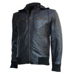 Men Bomber Black Leather Jacket with Hood SI-203