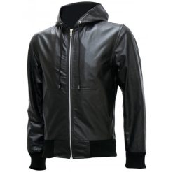 Exclusive Men's Black Bomber Leather Jacket with Hoodie SI-202