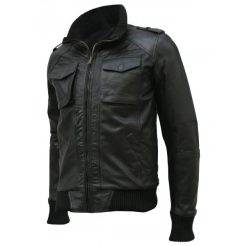 Black Leather Bomber Jacket Men SI-201