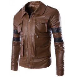 Resident Evil Brown 4 Pocket Leather Jacket with Black Strip SI-134